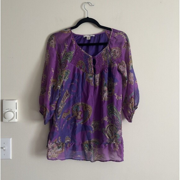 Trinity Top Womens Small 100% SILK Purple Bell Sleeve Boho Hippie Floral Paisley - Picture 1 of 6